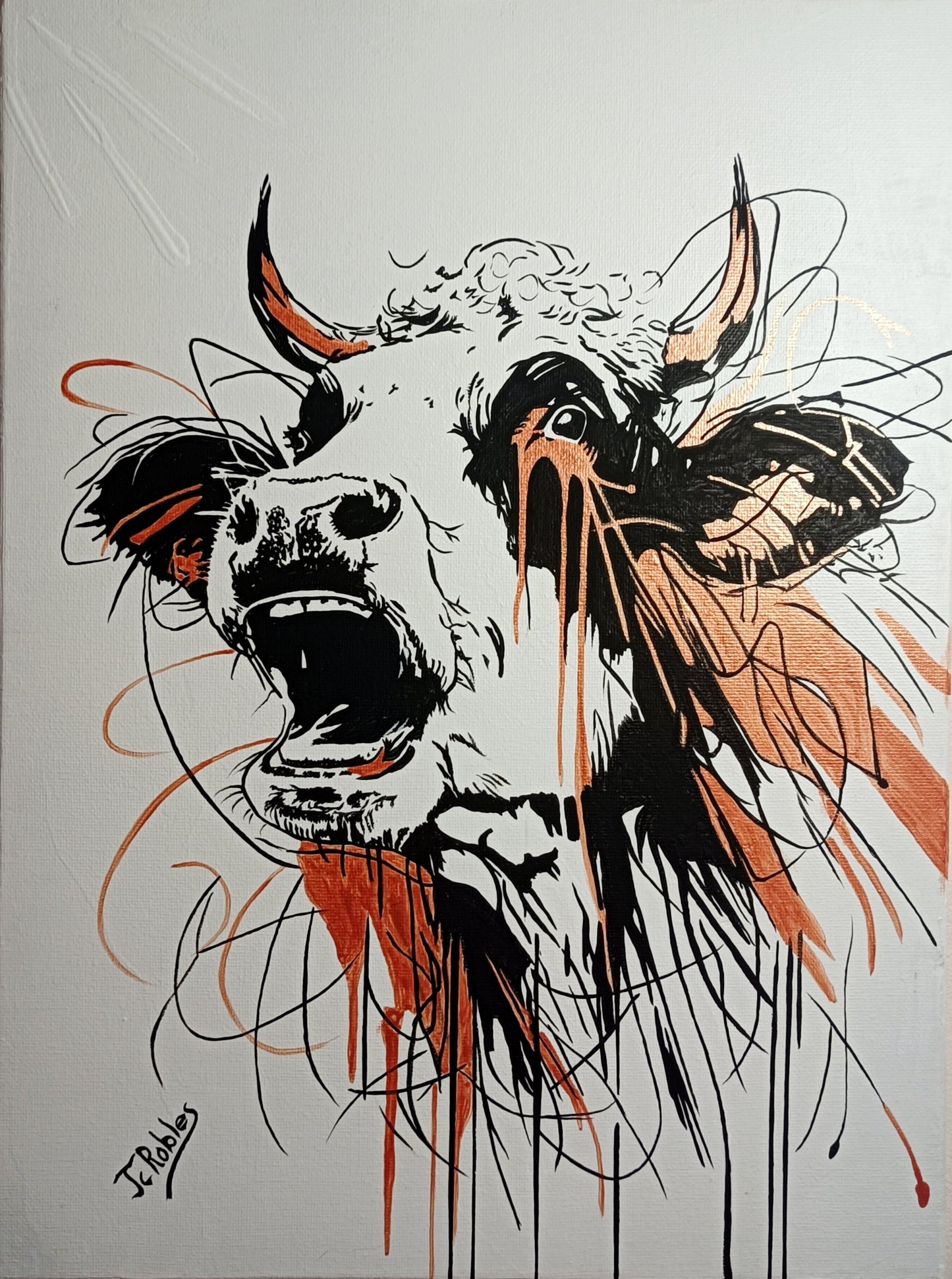 - Une œuvre originale représentant une vache, peinture sur fond travaillé au couteau.