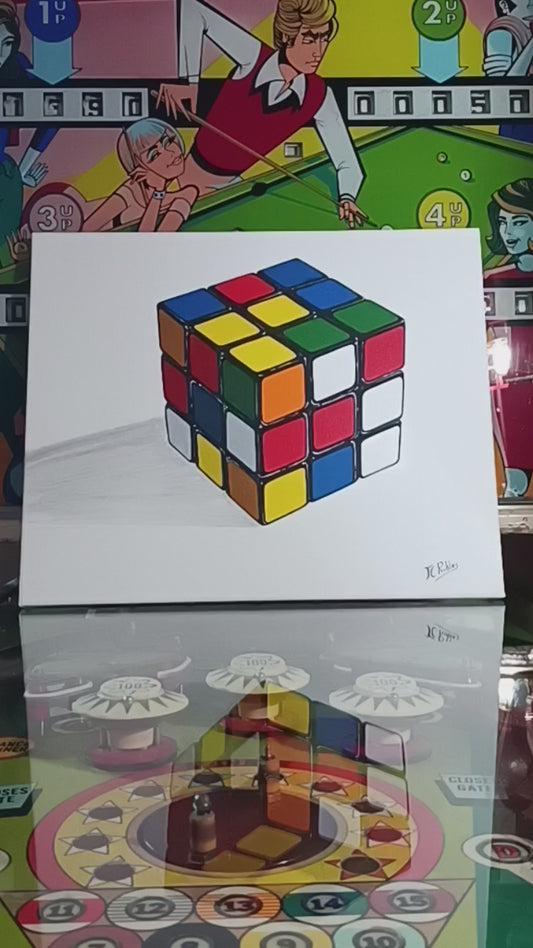 1P - Rubik's cube. Le célèbre cube peint à la main sur toile à la peinture acrylique.