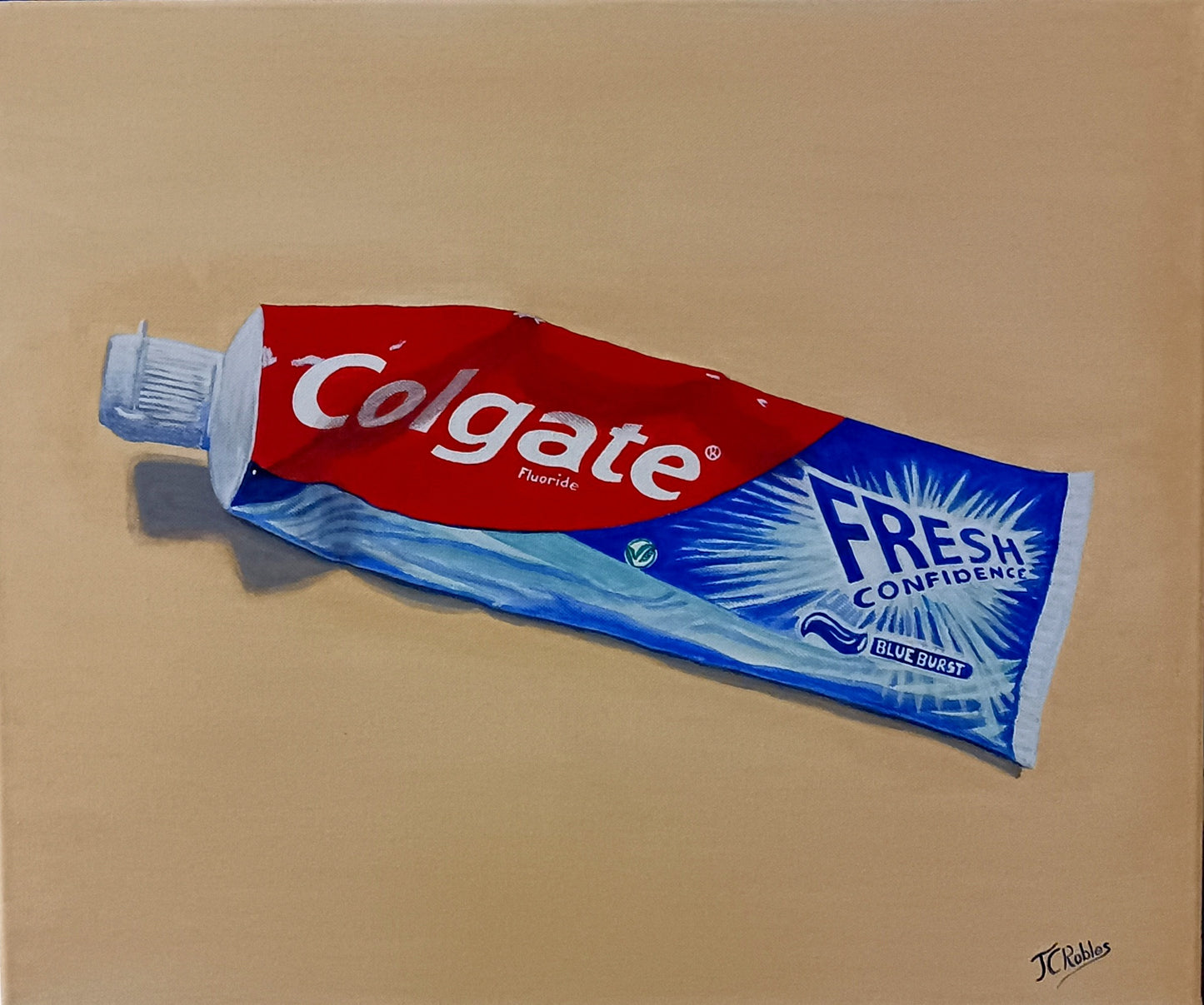 Tube de dentifrice. Le très connu dentifrice peint à la main sur toile à la peinture acrylique. Peinture incroyablement réaliste.