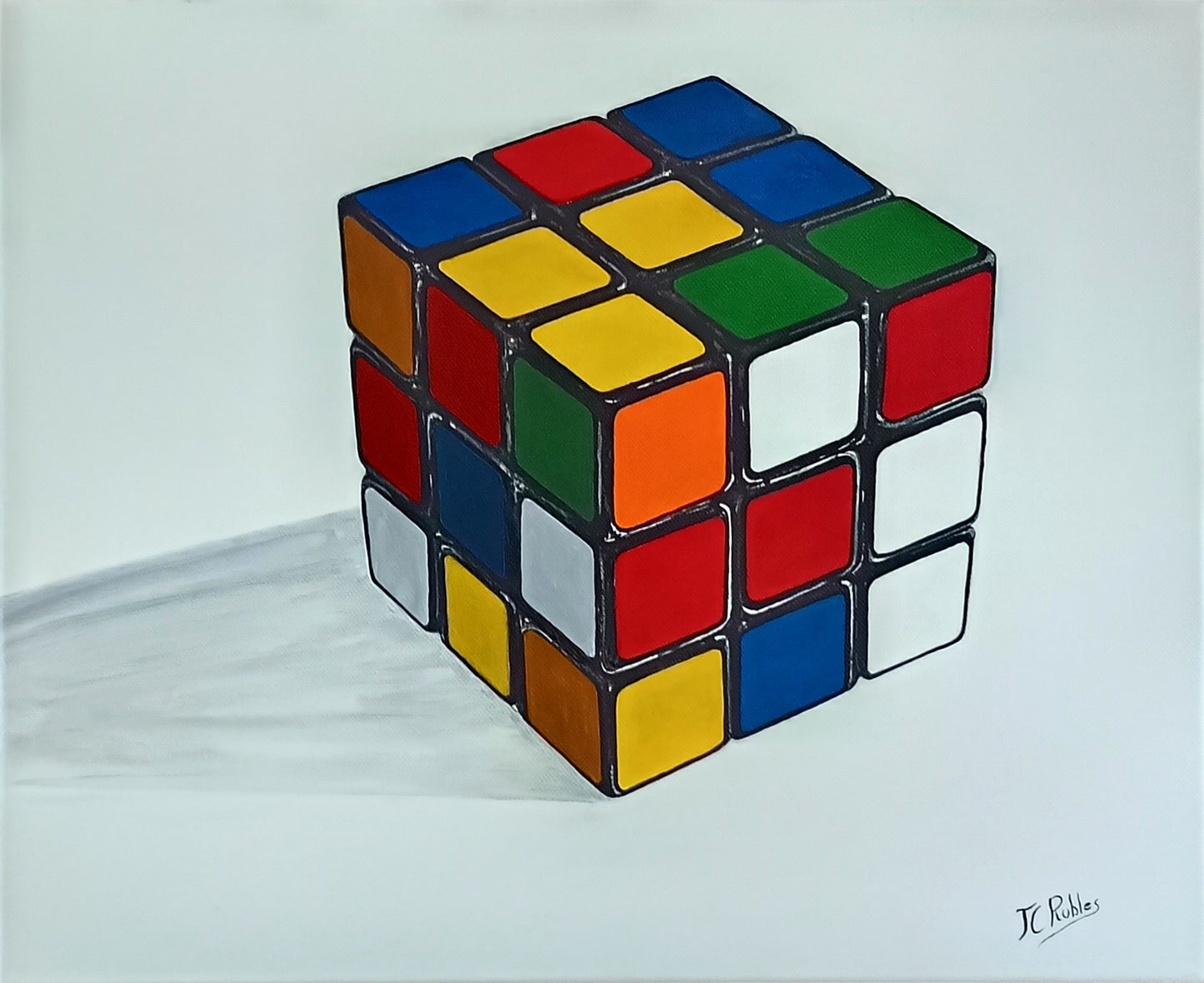 1P - Rubik's cube. Le célèbre cube peint à la main sur toile à la peinture acrylique.